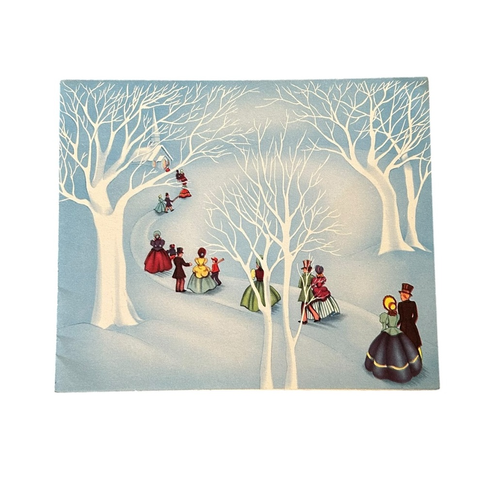 VTG 40s 50s Christmas Greeting Card Victorian Snowy Winter Walk Retro Ephemera